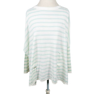 Mersea Blue Ivory Striped Relaxed Fit Sweater Accent Pockets Boxy One Size OS